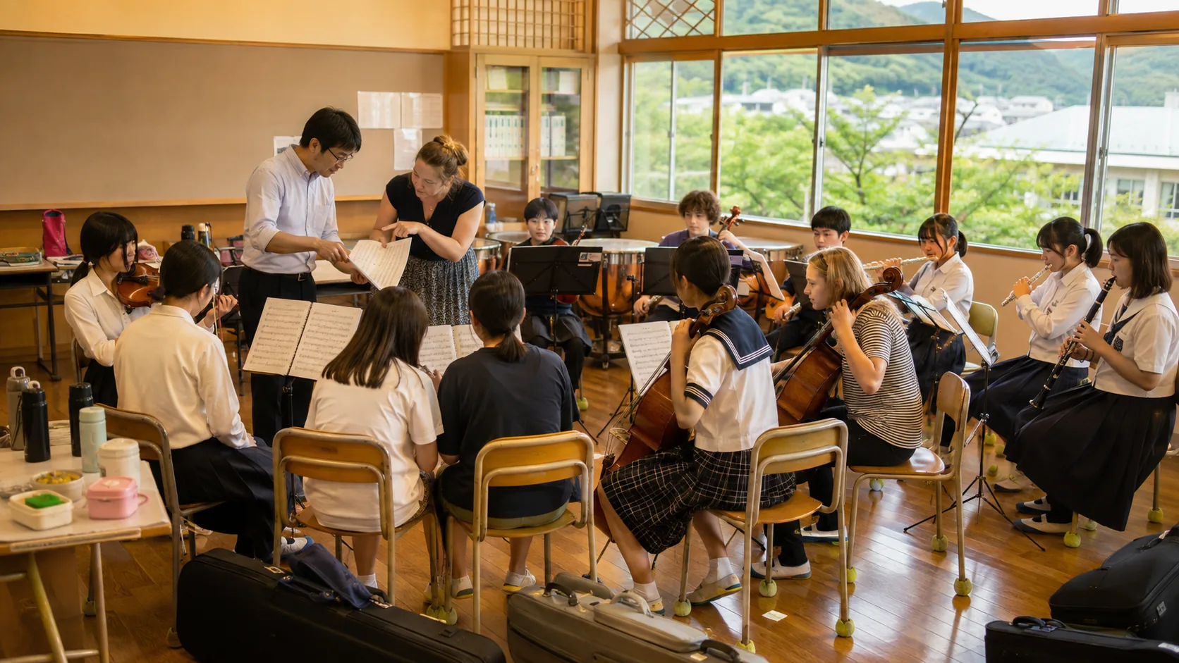 京都學校音樂交流、學生樂團共同排練情境